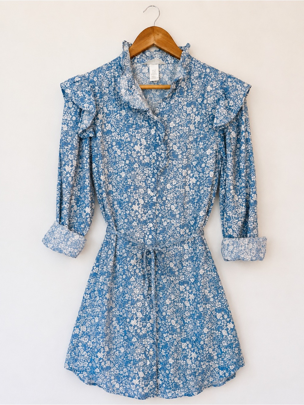H&M Blue Floral Tie-Waist Mini Dress